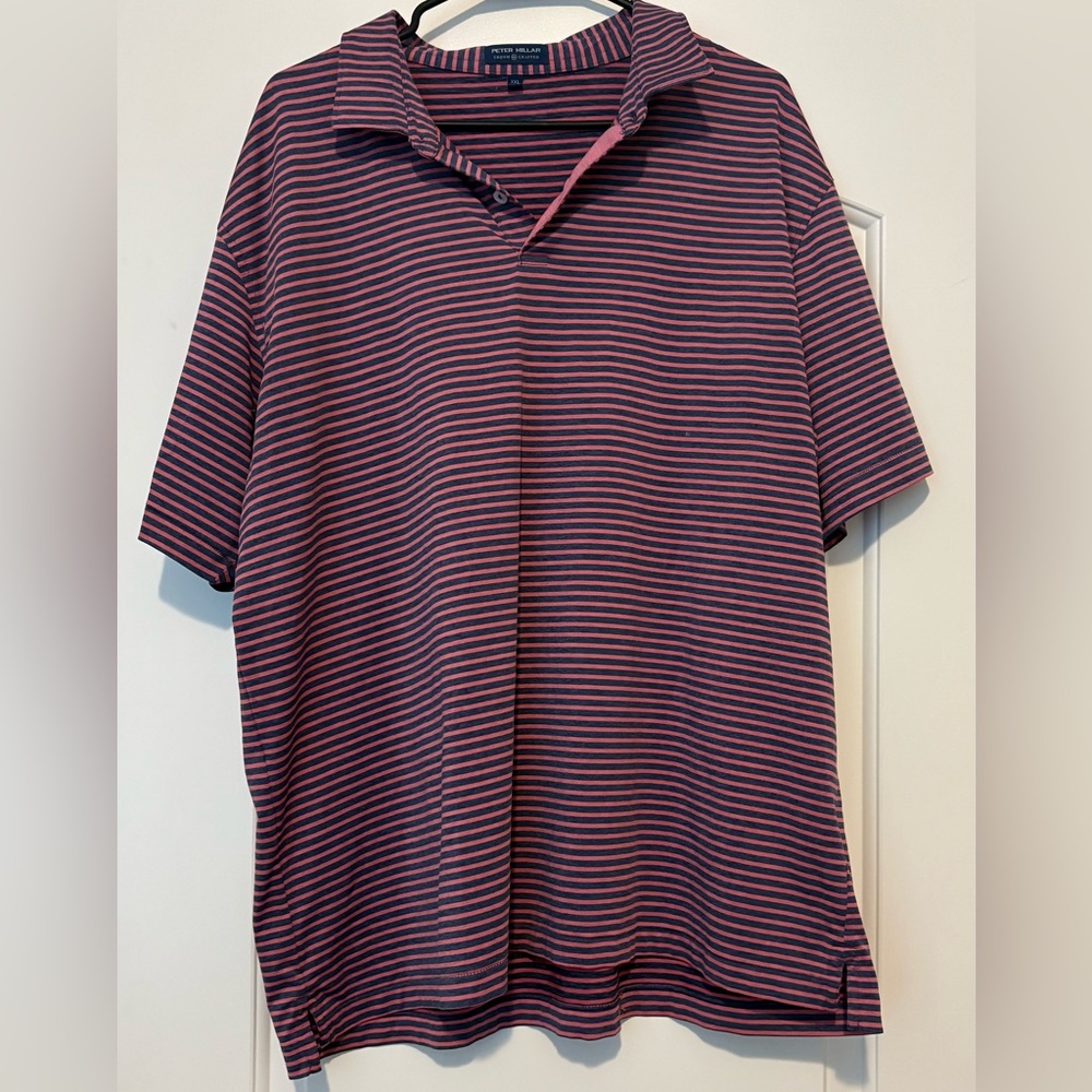 Peter Millar Polo Shirt Mens XXL Blue Pnk Striped Summer Comfort Polyester Blend
